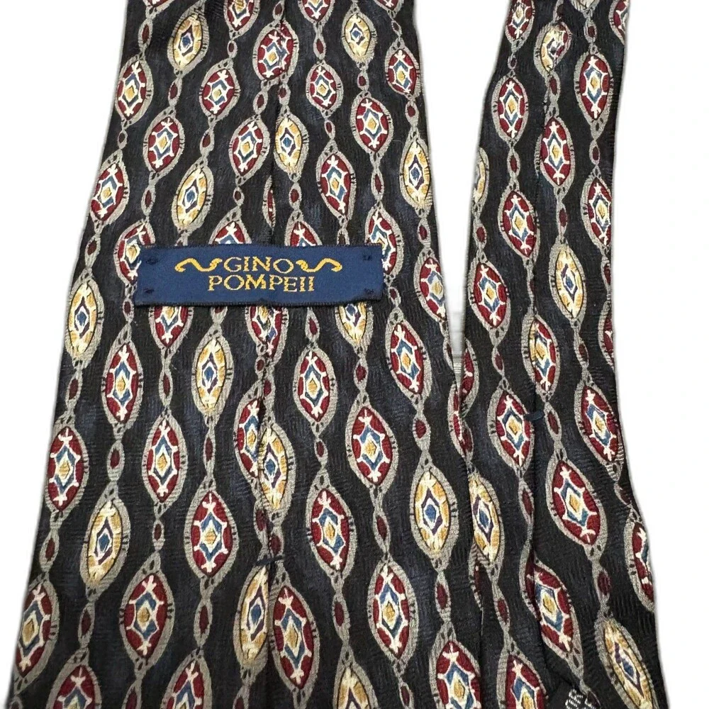 Gino Pompeii 100% Silk Necktie Geometric Diamond Pattern Black Red Gold‎ 90s Tie